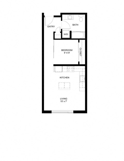 Floor plan for 1 bed, 1 bath, 563 sqft